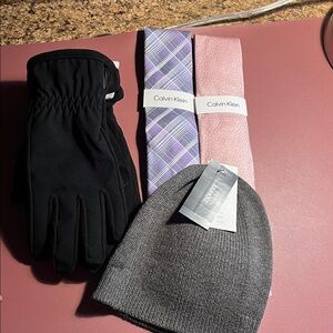 Calvin Klein Purple and Pink Tie Set with Black Gloves and Gray Beanie